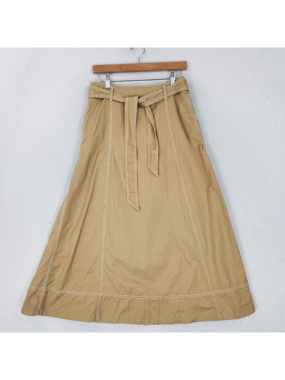 LOFT Skirt Womens Small Beige Twill A Line Belted Pockets Maxi Casual Utility